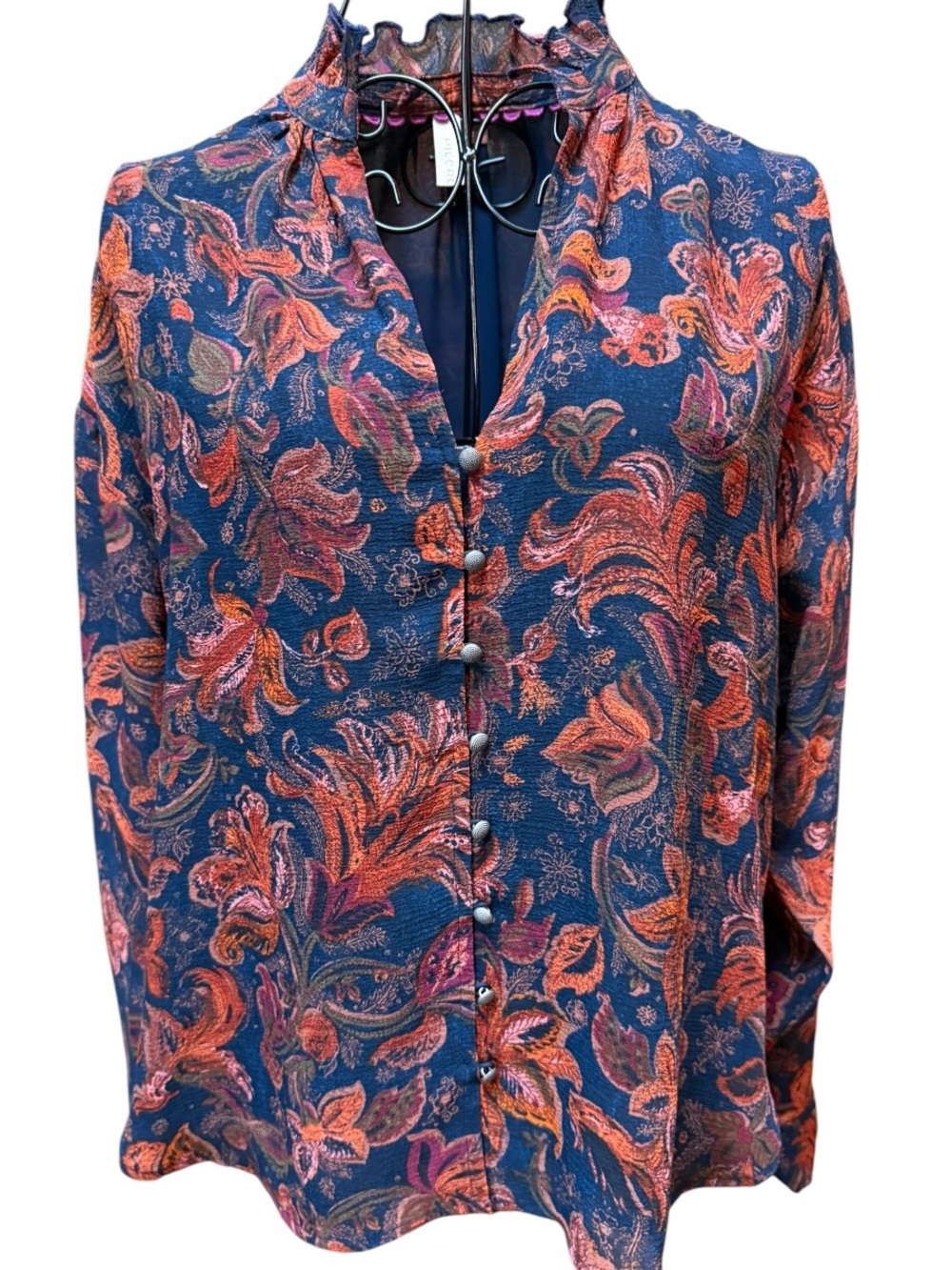 Anthropologie Pilcro Navy Ruffle collar Shirt with Orange Floral Print